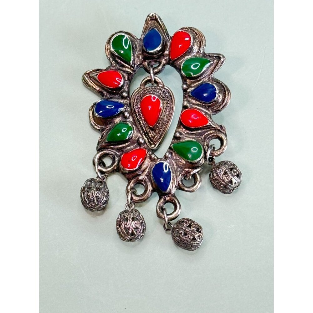 Unsigned Vintage Multicolor Teardrop Brooch With Dangling Charms 3" - Picture 3 of 5